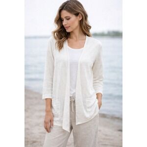 Eileen Fisher Ivory Cotton Linen Cardigan Sz XS Lightweight 3/4 Sleeve‎ Neutral